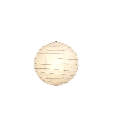 A spherical paper lantern pendant light in a warm cream color, suspended by a thin black cord against a solid white background.