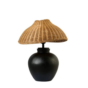 Decorative table lamp with black round base and woven rattan lampshade for home décor