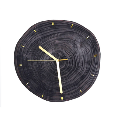Round black wood wall clock with gold hands and minimalist gold hour markers