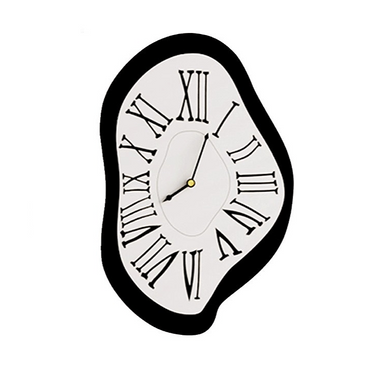 Unique designer wall clock with distorted shape, black frame, and Roman numerals for modern home décor