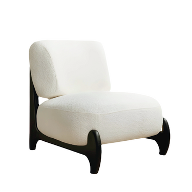 Modern lounge chair with white plush upholstery and black wooden frame, minimalist home décor
