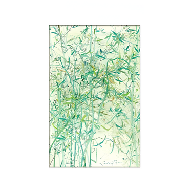 abstract green and teal bamboo plant painting with delicate leaves, textured botanical wall decor