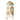 White arched wooden shelving unit with natural wood cabinet doors, vase with flowers, modern lamp, and decorative items