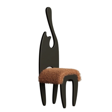 Modern black chair with high backrest and fluffy brown cushioned seat, unique designer furniture