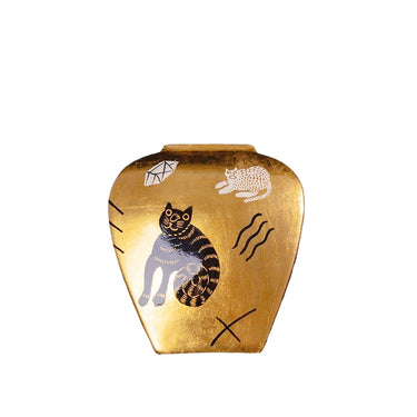 A small decorative vase with a textured gold finish, decorated with hand-painted cat illustrations and abstract black line art, shown against a plain white background.
