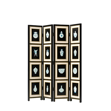 Black folding room divider featuring framed blue and white ceramic vase designs, elegant home décor