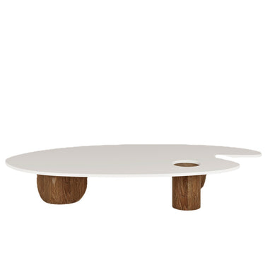 Modern white coffee table with artist palette shape and wooden cylindrical legs