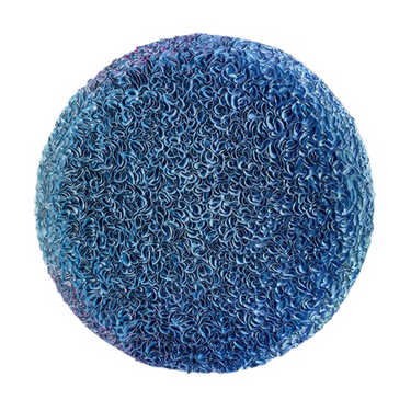 Round blue decorative rug with textured, curled fabric design for home décor