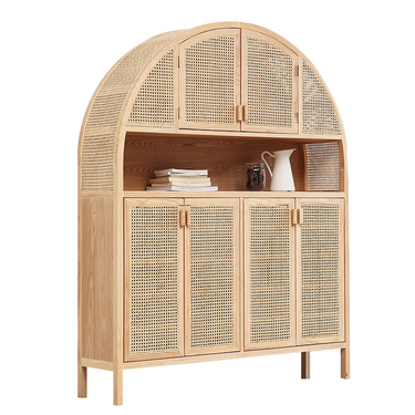 LaFloria natural wood arched cabinet with rattan doors and open shelf with books and pitcher