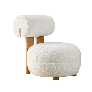 Modern white boucle fabric lounge chair with rounded seat and cylindrical backrest on wooden base