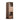 A brown swivel bar cabinet with glasses on the top shelf and bottles on the middle shelf, made of American walnut wood.