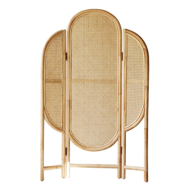 LaFloria natural rattan three-panel room divider with rounded top and woven cane design