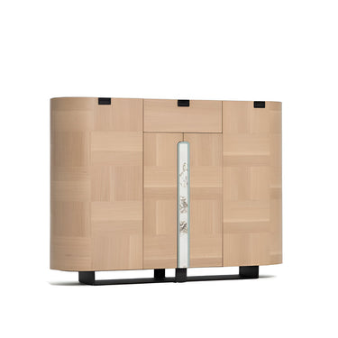 Curved wooden sideboard with parquet pattern and black base, featuring central vertical glass panel