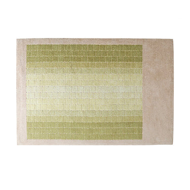 Rectangular area rug with beige border and gradient green square tile pattern, modern home décor