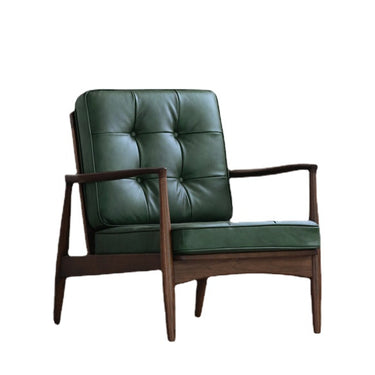 Green leather mid-century modern armchair with wooden frame and tufted cushions