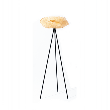 Modern floor lamp with woven rattan shade and black tripod metal legs