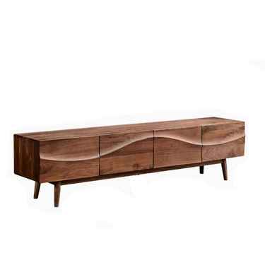 A brown wooden TV console with a smooth finish and a streamlined, modern design featuring four drawers.