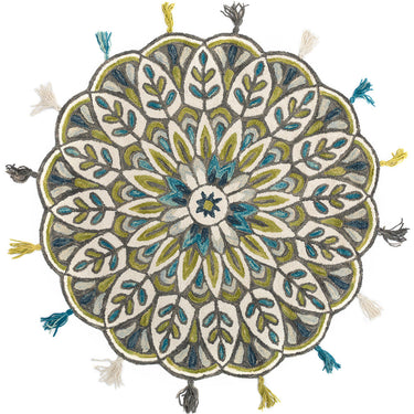 Round decorative rug with floral leaf pattern in blue, green, gray tones and colorful tassels