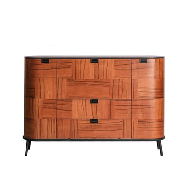 Modern wooden chest of drawers with curved edges and black metal legs, featuring natural wood grain pattern