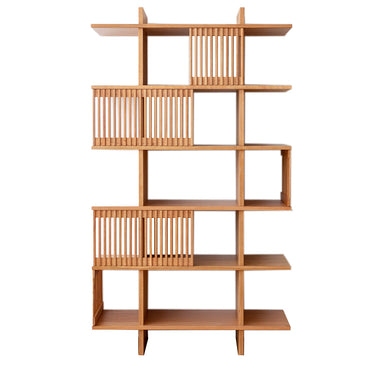 Modern wooden shelving unit with slatted design, geometric open storage, home décor furniture