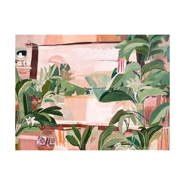 abstract tropical botanical painting with large green leaves and earthy pink background