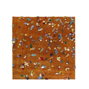 Brown square area rug with colorful abstract scattered tufted accents for unique home décor