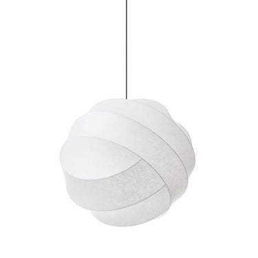 Modern white spherical pendant light with overlapping curved panels hanging from black cord