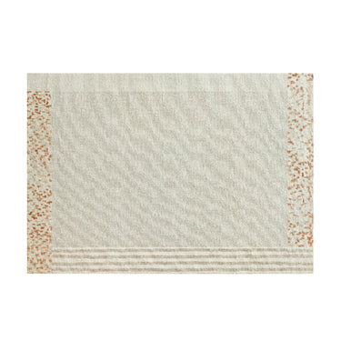 Beige textured area rug with rust-colored speckled borders and subtle horizontal stripes