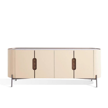 A sideboard with an Italian marble table top, American walnut wood frame, and iron legs, featuring Italian bridle leather coat.