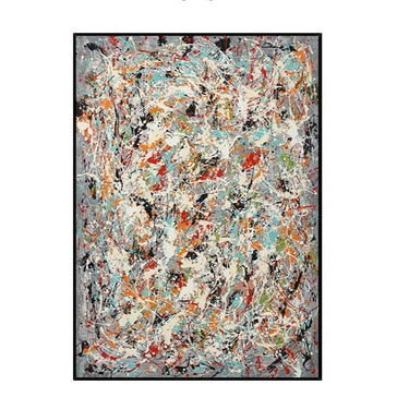 Abstract multicolor splatter painting with dynamic brush strokes in a black frame, modern home decor artwork