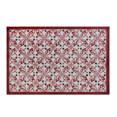 Rectangular home décor rug with red floral vine pattern on white background and red border