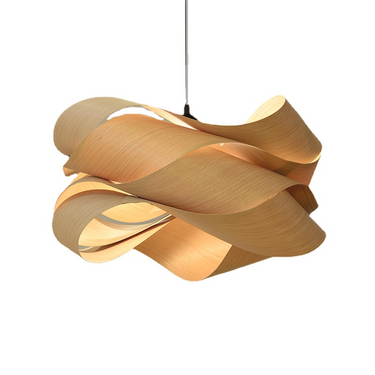Modern wooden pendant lamp with twisted curved design, natural wood grain finish