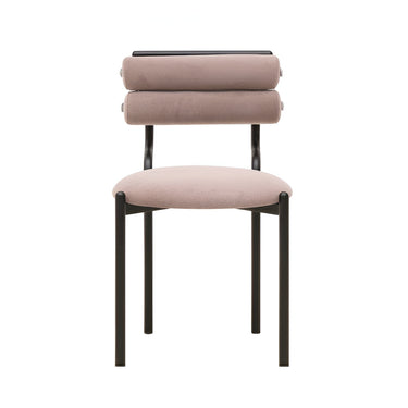 Modern designer chair with mauve upholstered seat and backrest, black metal frame