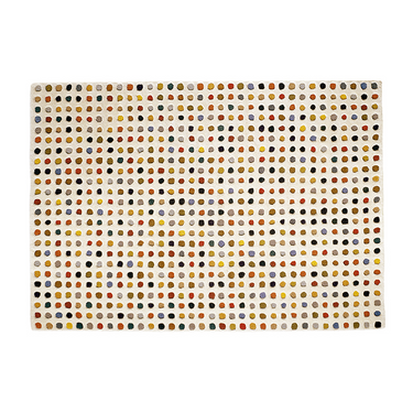 Modern rectangular area rug with multicolor polka dot pattern on cream background, designer home décor