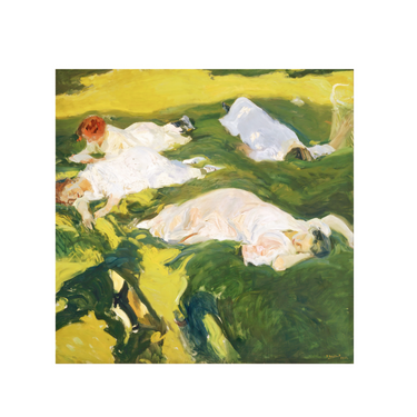 Impressionist painting of four women in white dresses reclining on green and yellow grass