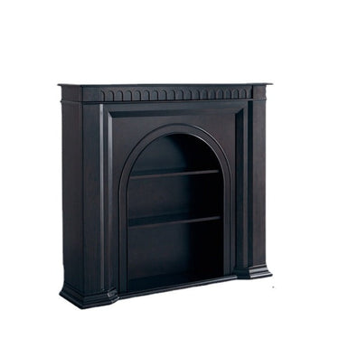 A black fireplace cabinet with a solid American pinewood construction featuring a matte finish. It has a rectangular shape with an arched top and includes a shelf on the top for decorative items.