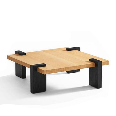A rectangular coffee table with a solid American FAS oakwood top and black metal legs.
