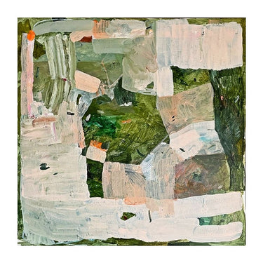 Abstract modern painting with layered green, white, pink, and orange brush strokes for home décor