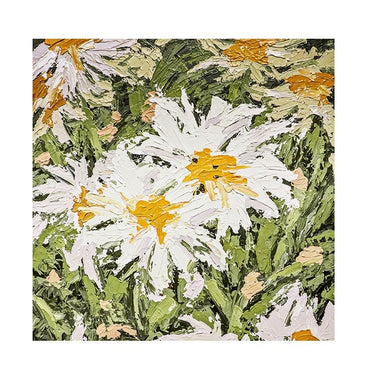 Close-up textured oil painting of white daisies with yellow centers and green leaves – home décor art