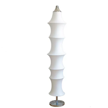 Tall white sculptural floor lamp with segmented curved design and metal base, modern home décor