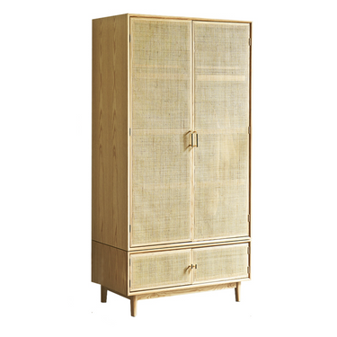 Modern wooden wardrobe with cane woven doors and lower drawer, stylish home décor furniture
