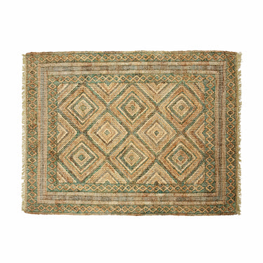 Rectangular woven rug with diamond pattern in green, beige, and brown tones by LaFloria Home Décor