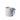 A white porcelain mug with a blue ribbon design on the side.
