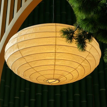 Round paper lantern hanging outdoors with greenery
