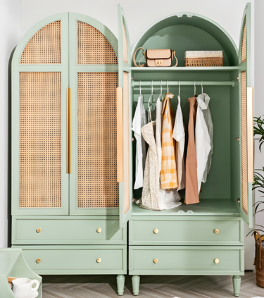 natural rattan panel detail on bedroom wardrobe
