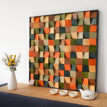 3D wood wall panel with cube mosaic design
