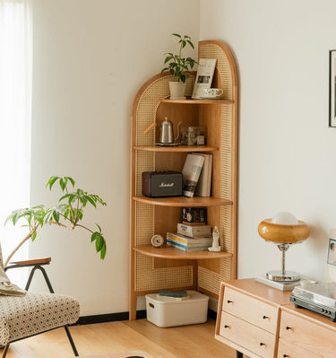 multi-tier corner shelf with woven rattan panels
