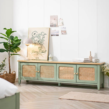 rattan TV stand with storage compartments
