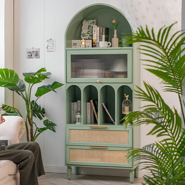 tall storage cabinet with rattan construction
