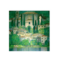 Impressionist painting of a village with stone houses, tall cypress trees, and lush greenery by water